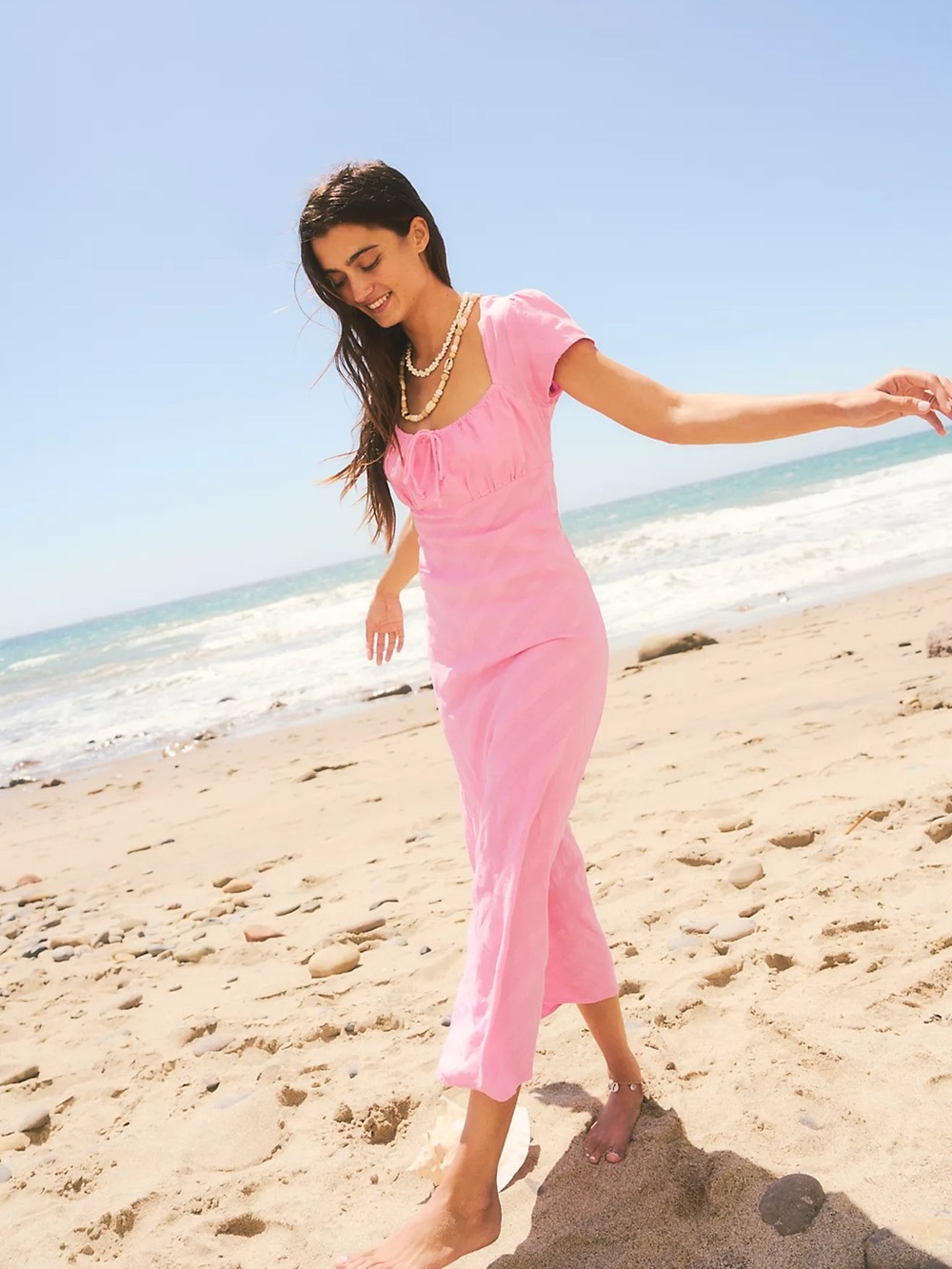 Freee People Natalya Diagonal Textured Midi Cap Sleeve Keyhole Dress Candy Pink